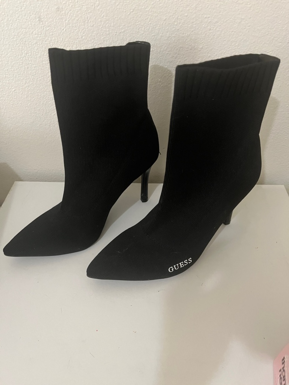 GUESS Black Pointed Knit Sock Booties with Logo